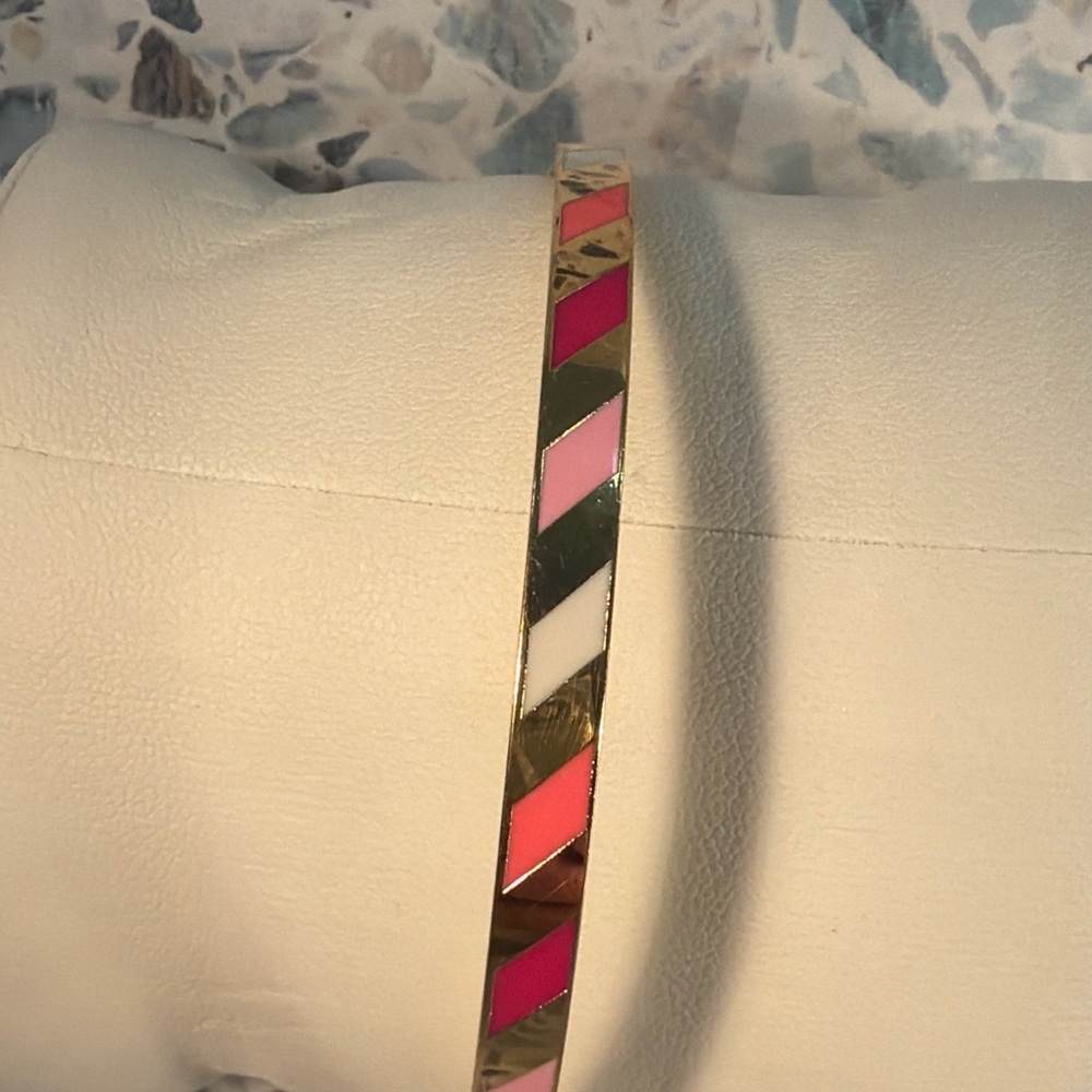 Kate Spade Multicolor Enamel Striped Bangle Bracelet Gold Tone Pink White - Picture 3 of 4